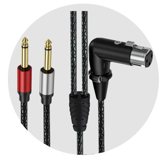 Right-angle XLR female cable with two straight quarter-inch TS male plugs