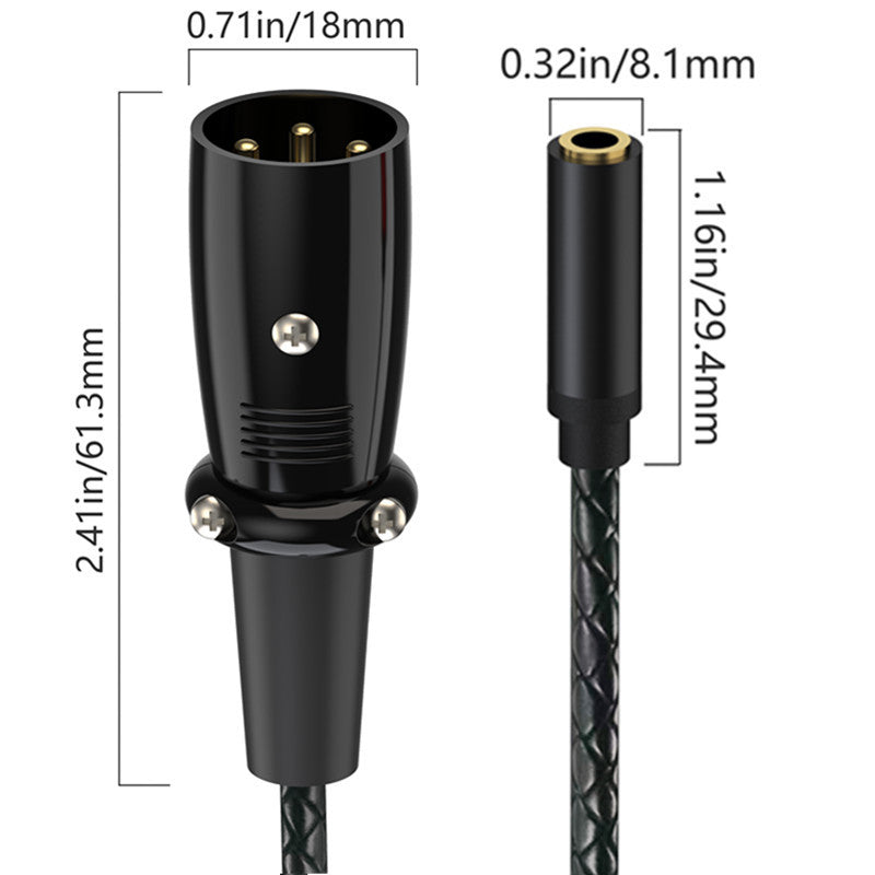 Black audio cable connector with measurements on a white background