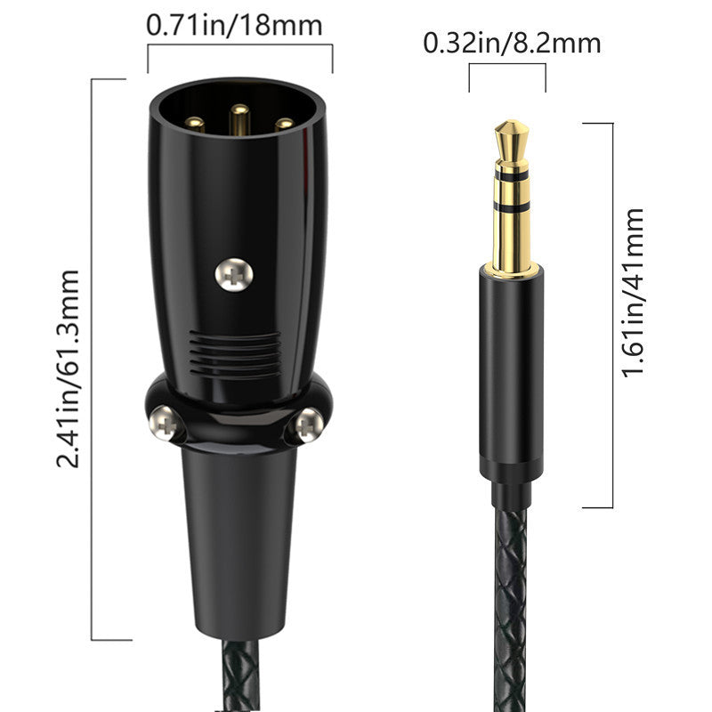 Measurement chart of audio connector with XLR male and 3.5mm plug on a white background