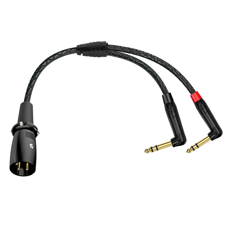 Close-up of straight XLR male connector and two right-angle quarter-inch TRS plugs