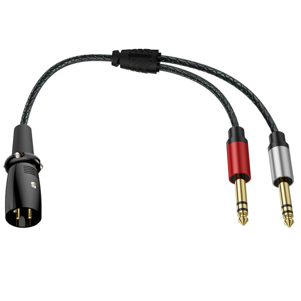 Close-up of straight XLR male connector and two 6.35mm TRS male plugs