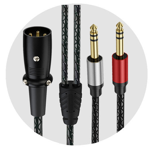Close-up of straight XLR male connector and two 6.35mm TRS male plug