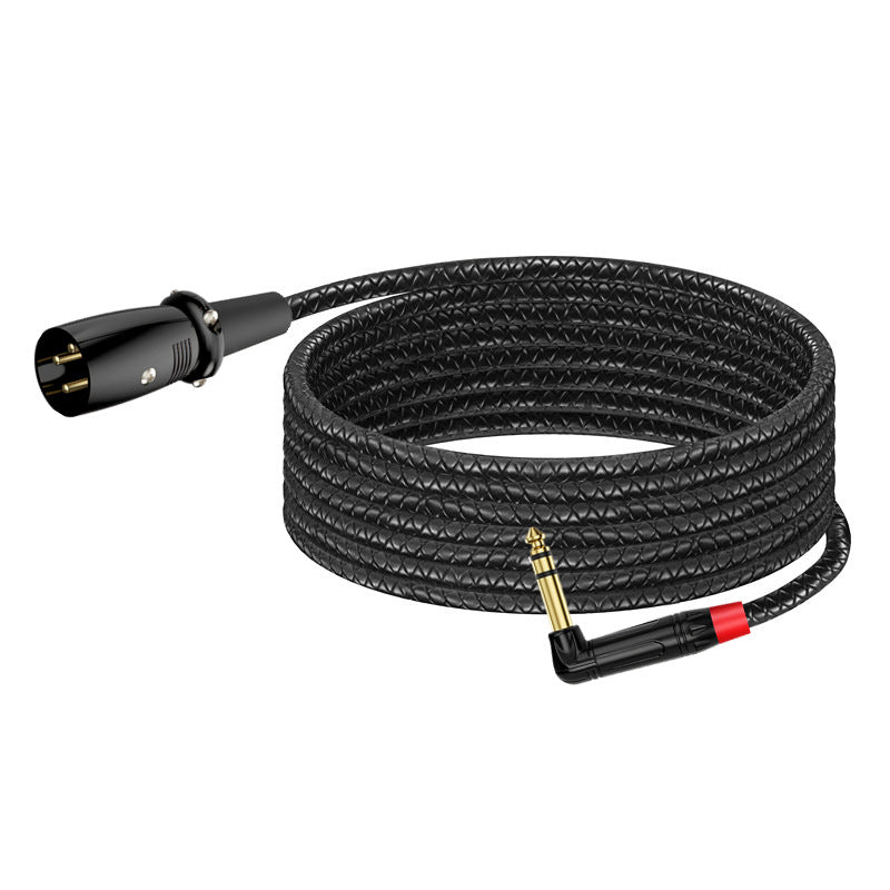 A coiled black audio cable with a textured braided outer jacket, featuring a standard XLR connector on one end and a right-angle 3.5mm jack on the other with a gold-plated plug and a small red accent ring.