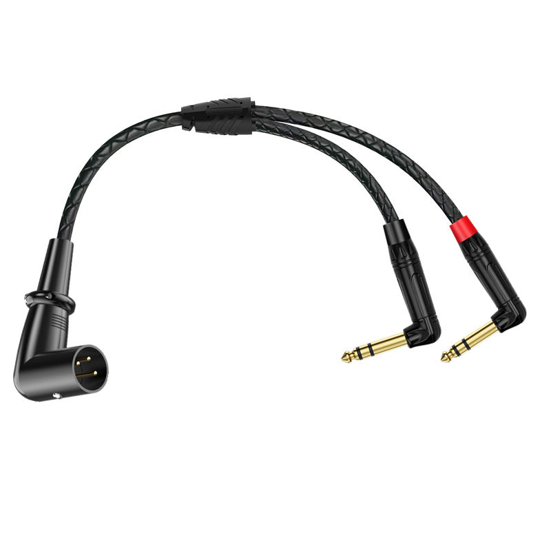 Close-up of right angle XLR male connector and dual 6.35mm TRS male plugs