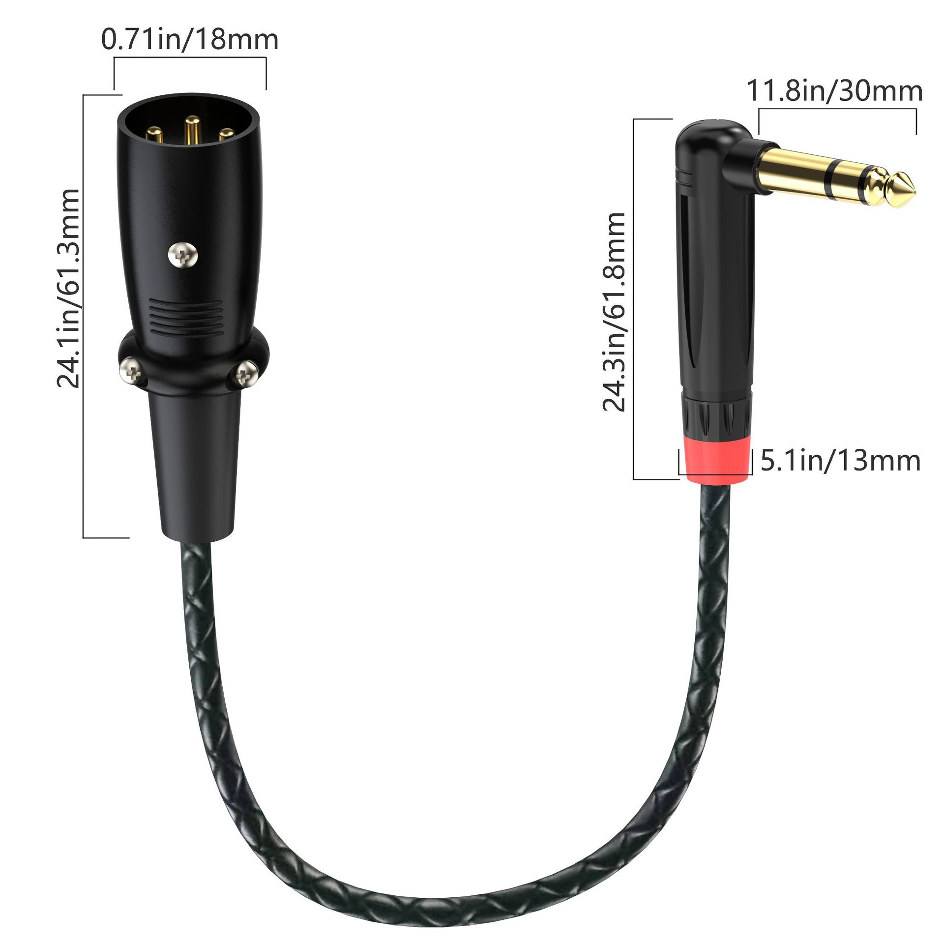 Black audio adapter cable with an XLR connector on one end and a right-angle 3.5mm jack on the other, shown with dimension callouts on a white background.