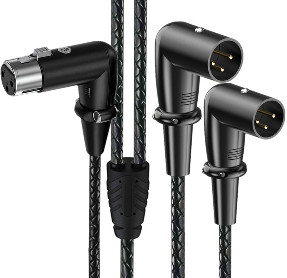 Black audio cables with XLR connectors on a white background