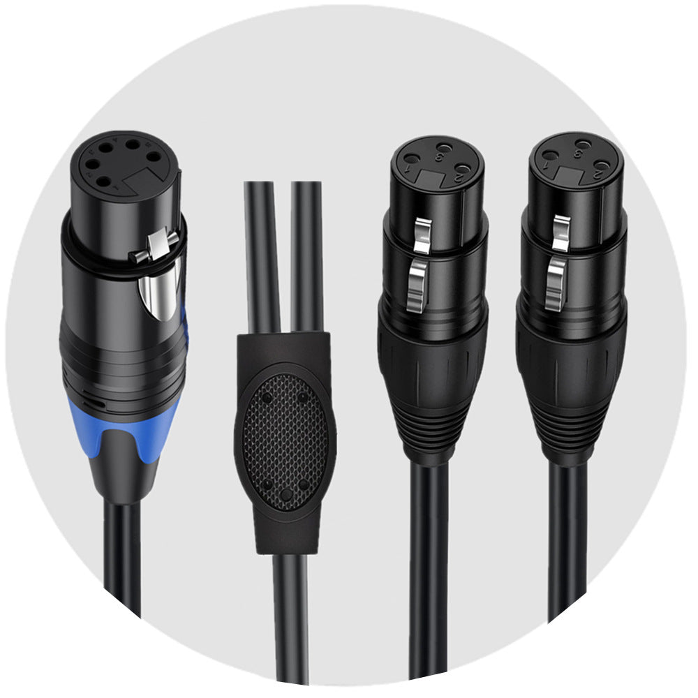 5 pin to dual 3 pin XLR stereo splitter cable showing Y split junction and reinforced design