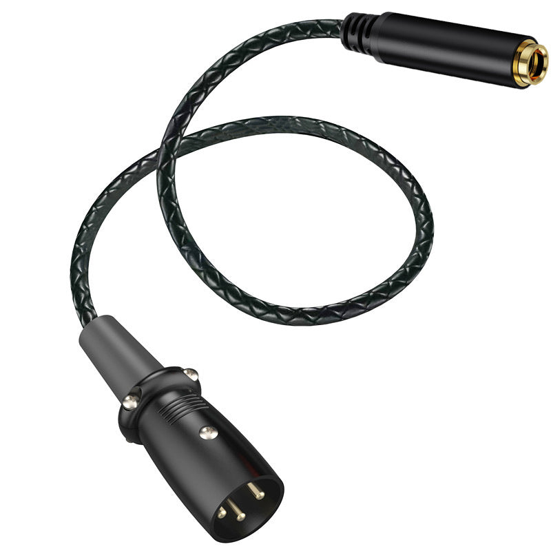 A black braided audio cable with a 3-pin XLR connector on one end and a gold-plated jack connector on the other, isolated on a white background.