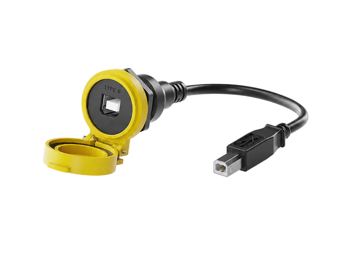 Yellow IP65 waterproof USB Type-B panel mount extension cable