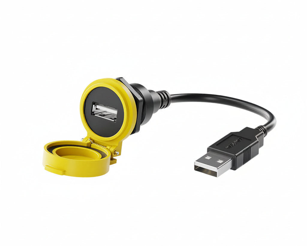 Yellow USB car charger with cable on a white background