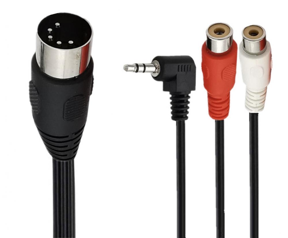 5-Pin Din Male to Dual RCA Female + 3.5mm Angled Male Connector Audio Cable 1.8m