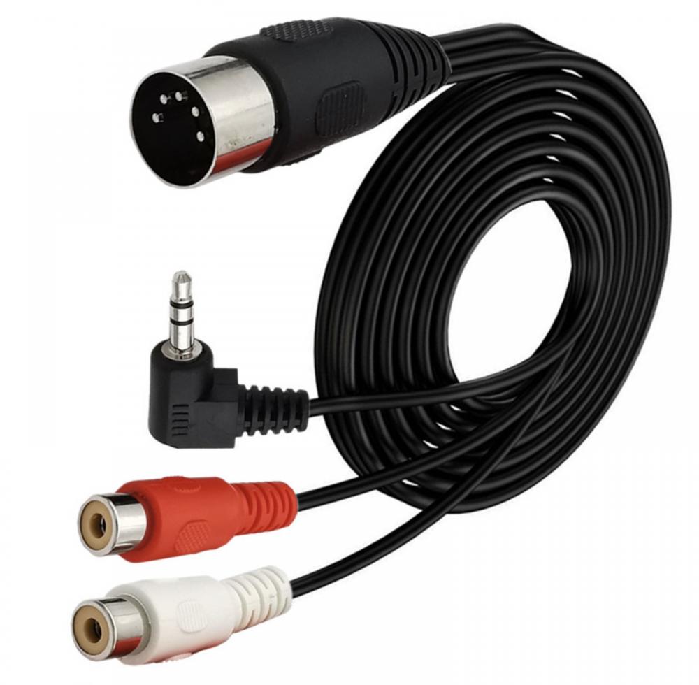 5-Pin Din Male to Dual RCA Female + 3.5mm Angled Male Connector Audio Cable 1.8m