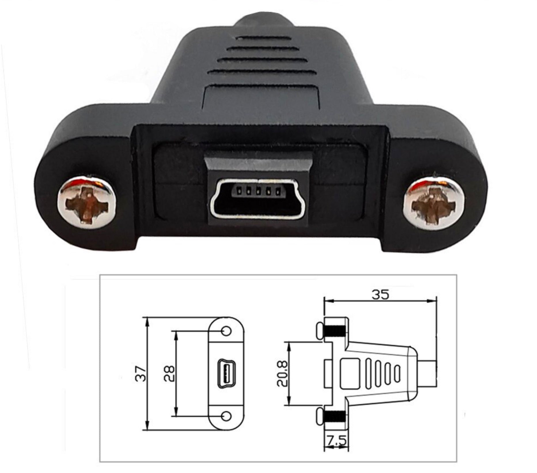 USB 2.0 Mini B Angled Male to Straight Female Panel Mount Cable with Screws 0.3m