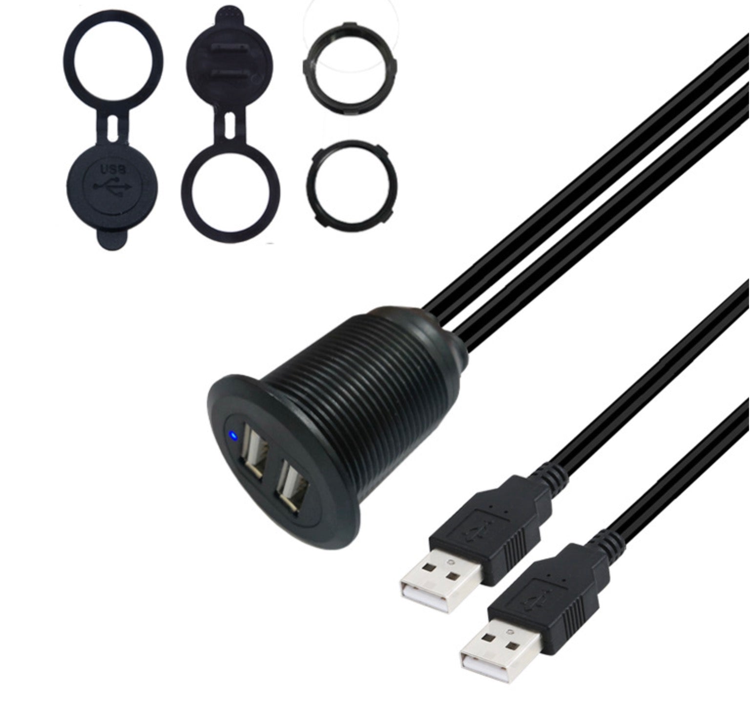 Dual USB-A 2.0 Male to Dual Female Extension Cable for Vehicles 1m