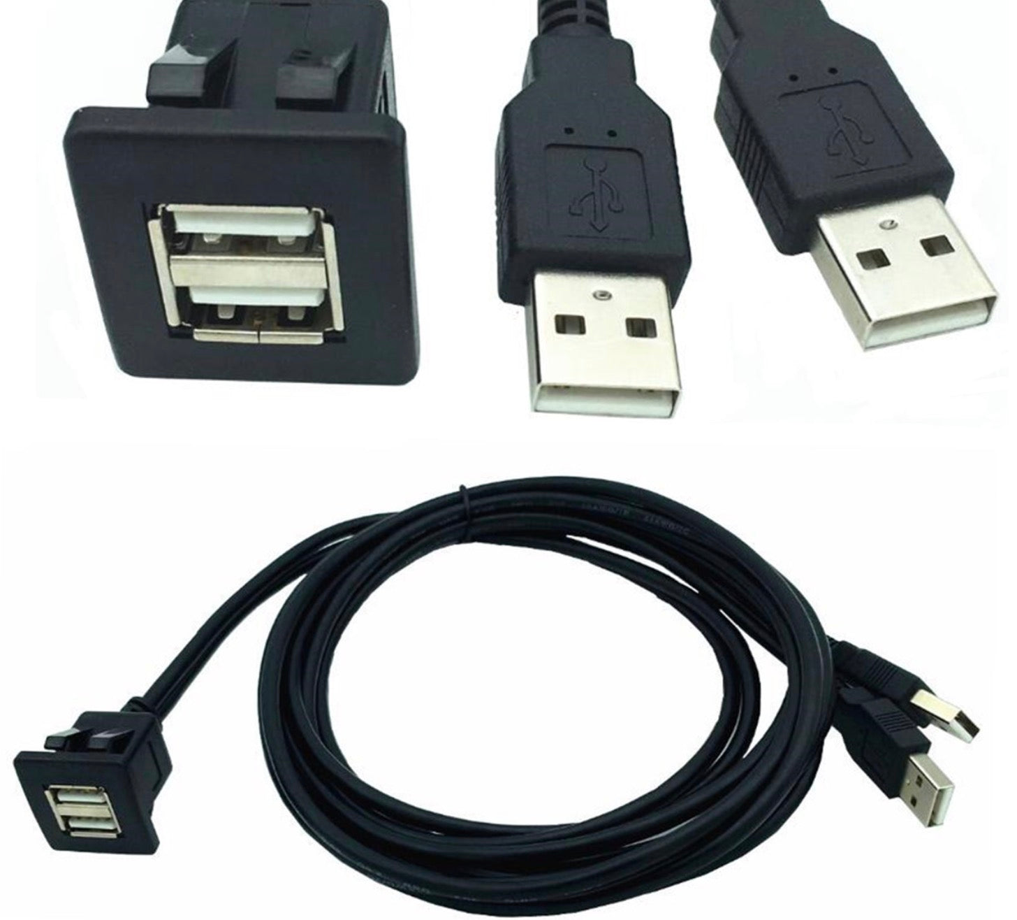 Dual USB 2.0 Type A Male to Female Flush Mount Extension Dash Cable