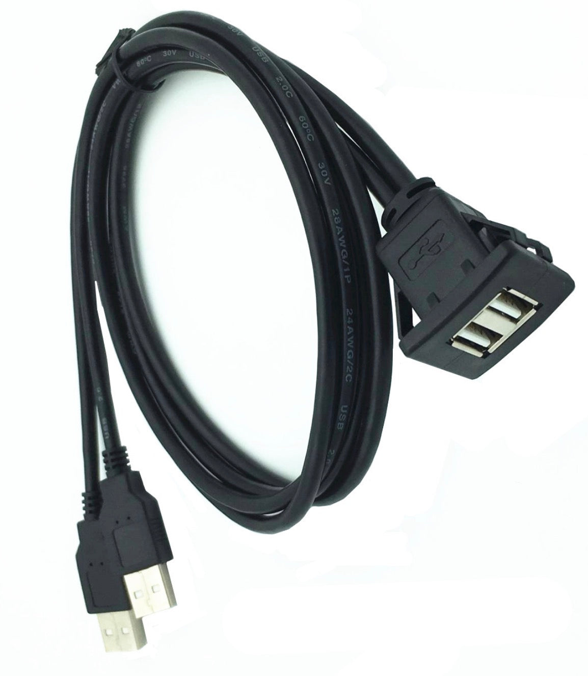 Dual USB 2.0 Type A Male to Female Flush Mount Extension Dash Cable