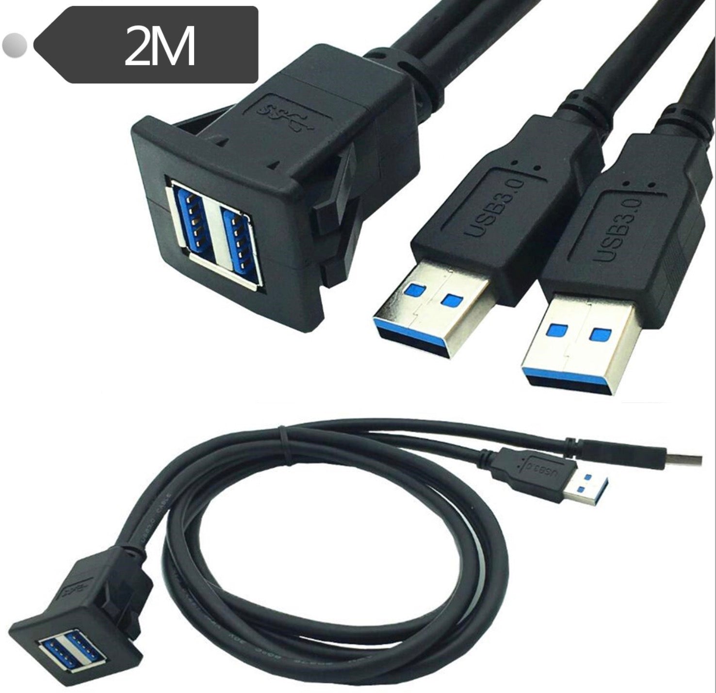 Dual USB 3.0 Type A Female to Dual Male Panel Flush Mount Cable for Car, Boat Dash