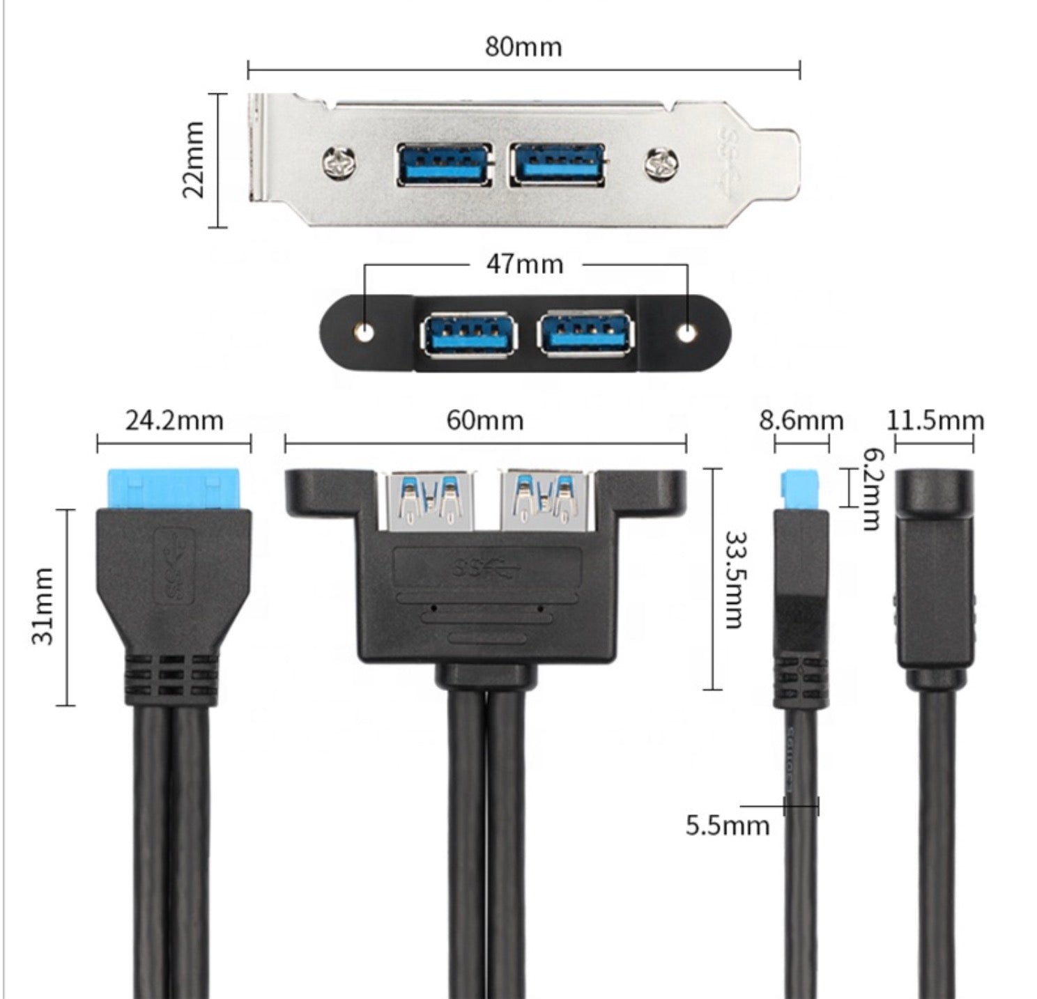 Motherboard Header 20pin Female to Dual USB-A 3.0 Female Panel Mount Cable 0.5m