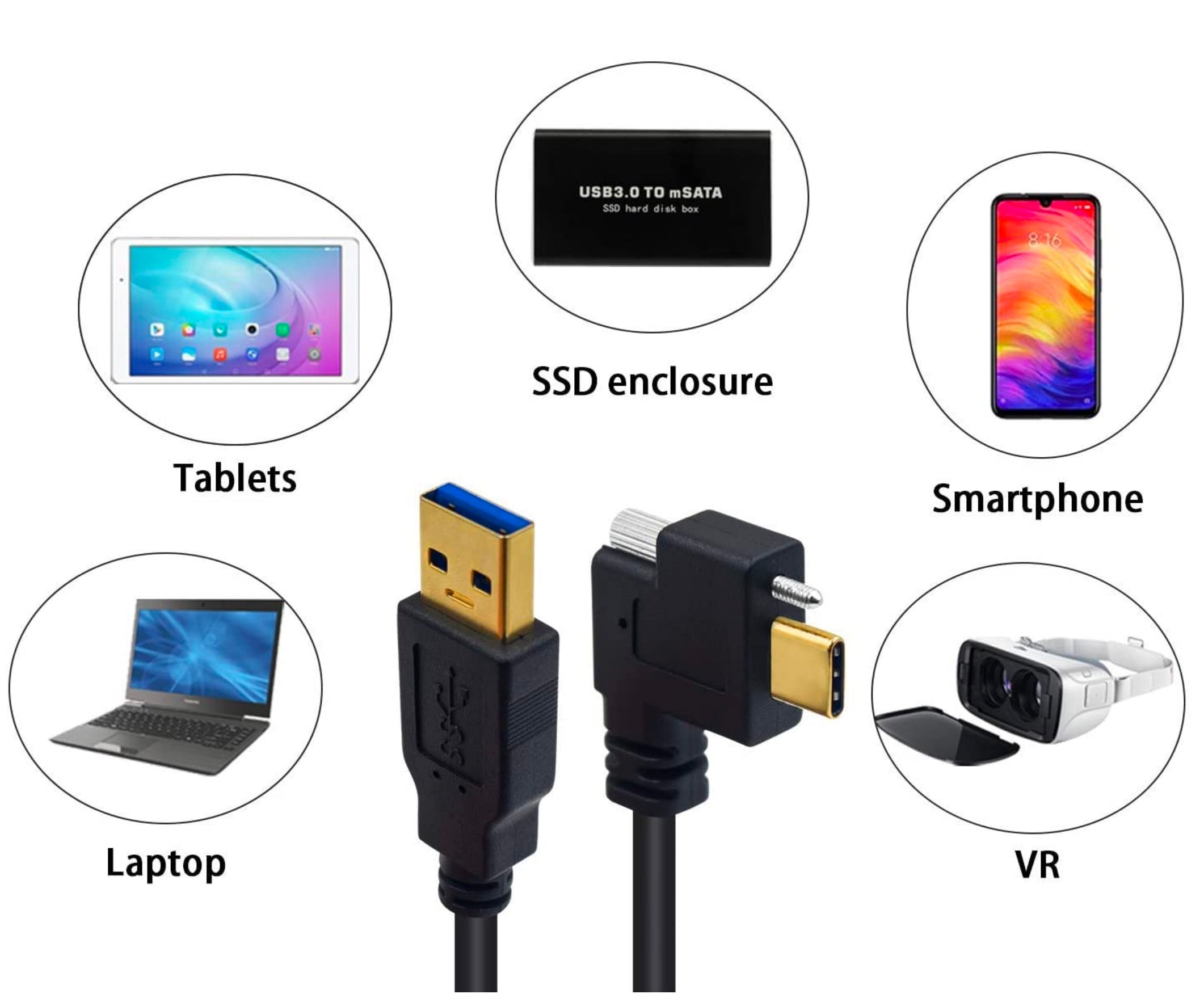 USB-A 3.0 Male to USB-C Male with Single Locking Screw High Speed Cable