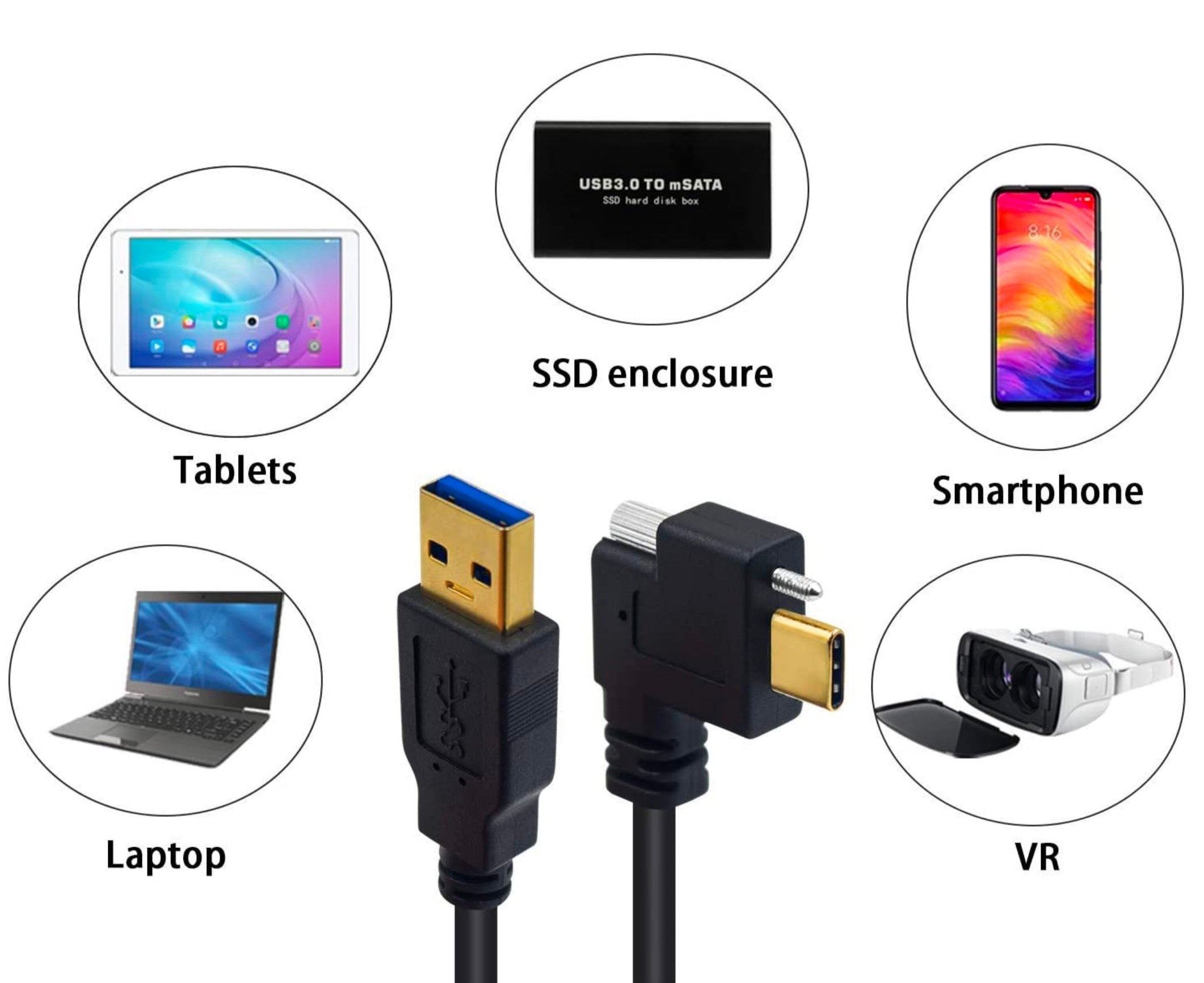 USB-A 3.0 Male to USB-C Male with Single Locking Screw High Speed Cable