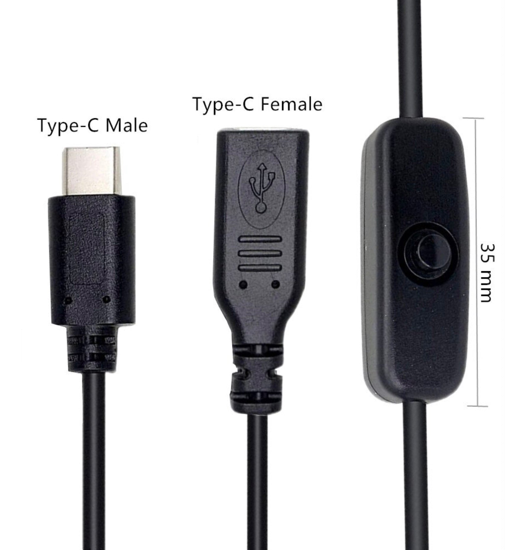 USB-C Male to Female Charging Extension Cable with On/Off Switch 0.3m