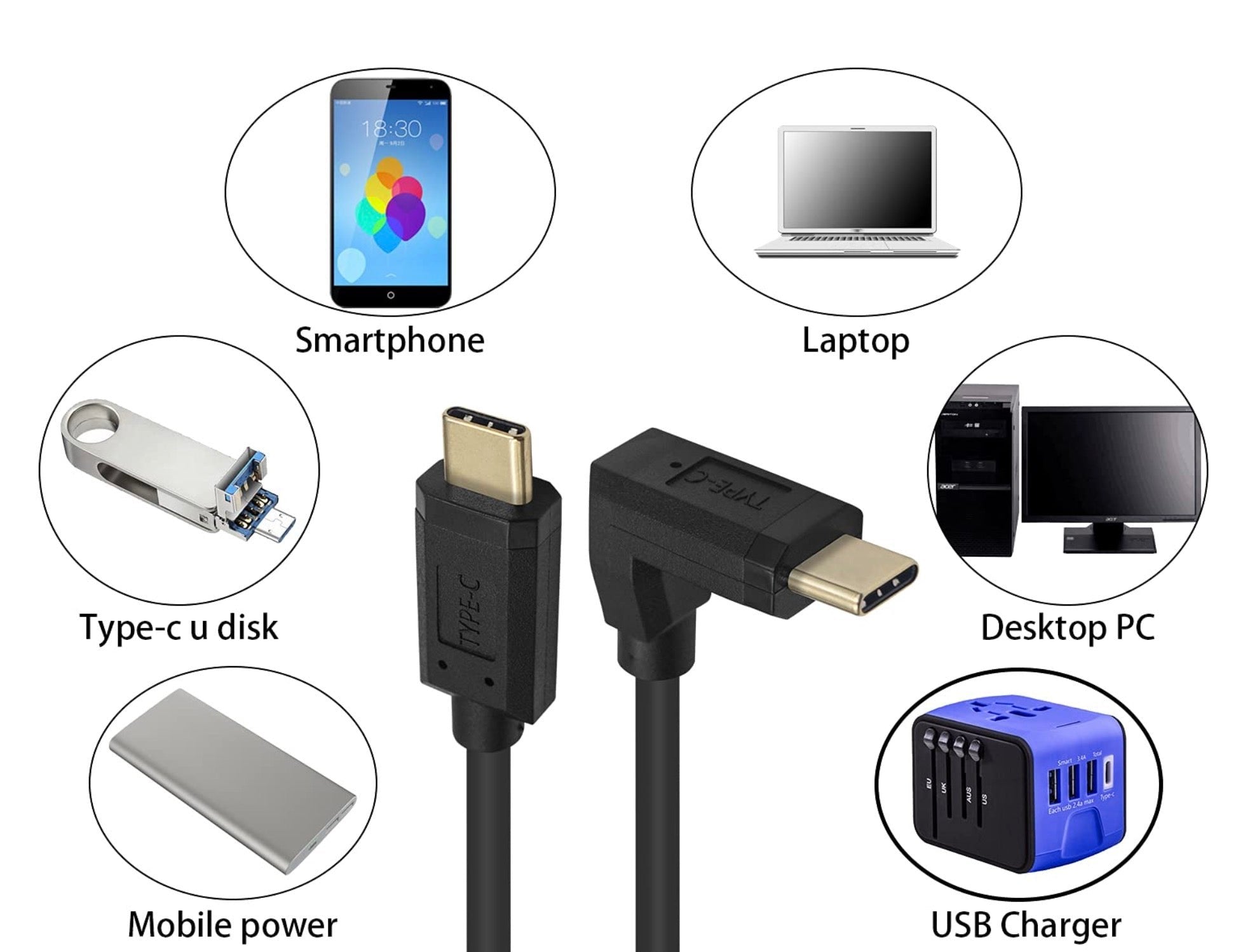 USB-C to USB-C Coiled Data Charge Cable 3A (Up / Down)