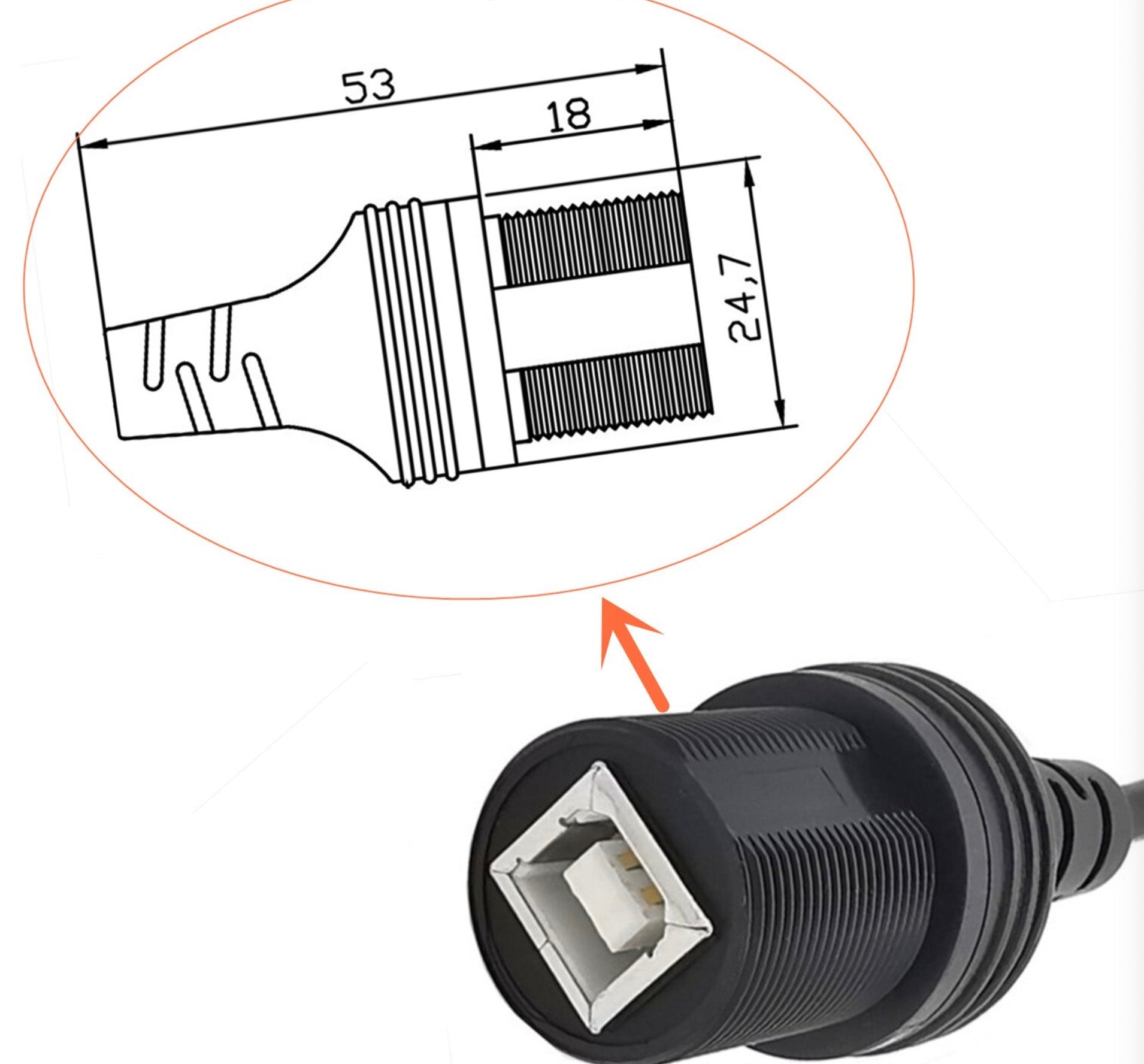 USB-B 2.0 Printer Scanner Male to Female Car Dash Flush Mount Extension Cable