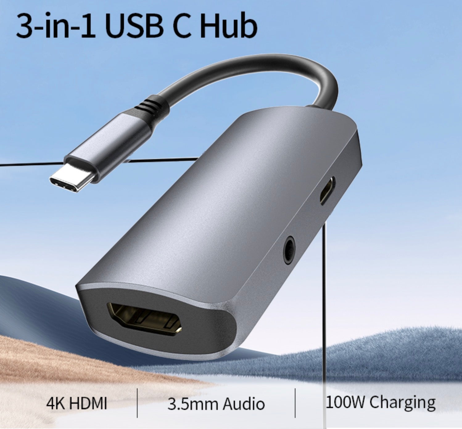 USB-C 3-in-1 Hub with HDMI 4K, 3.5mm Audio and PD 100W Port