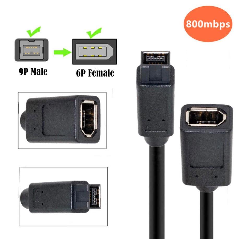 FireWire 400/800 6-Pin Female to 9-Pin Male IEEE1394a 1394b 400 to 800 Cable