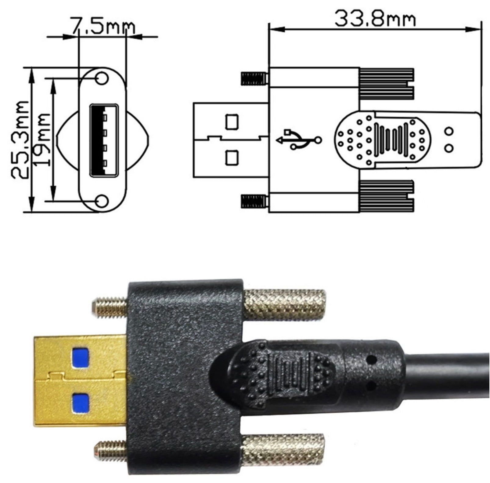 USB 3.0 A Male to B Male Cable with Dual M3 Screw Lock Mechanism