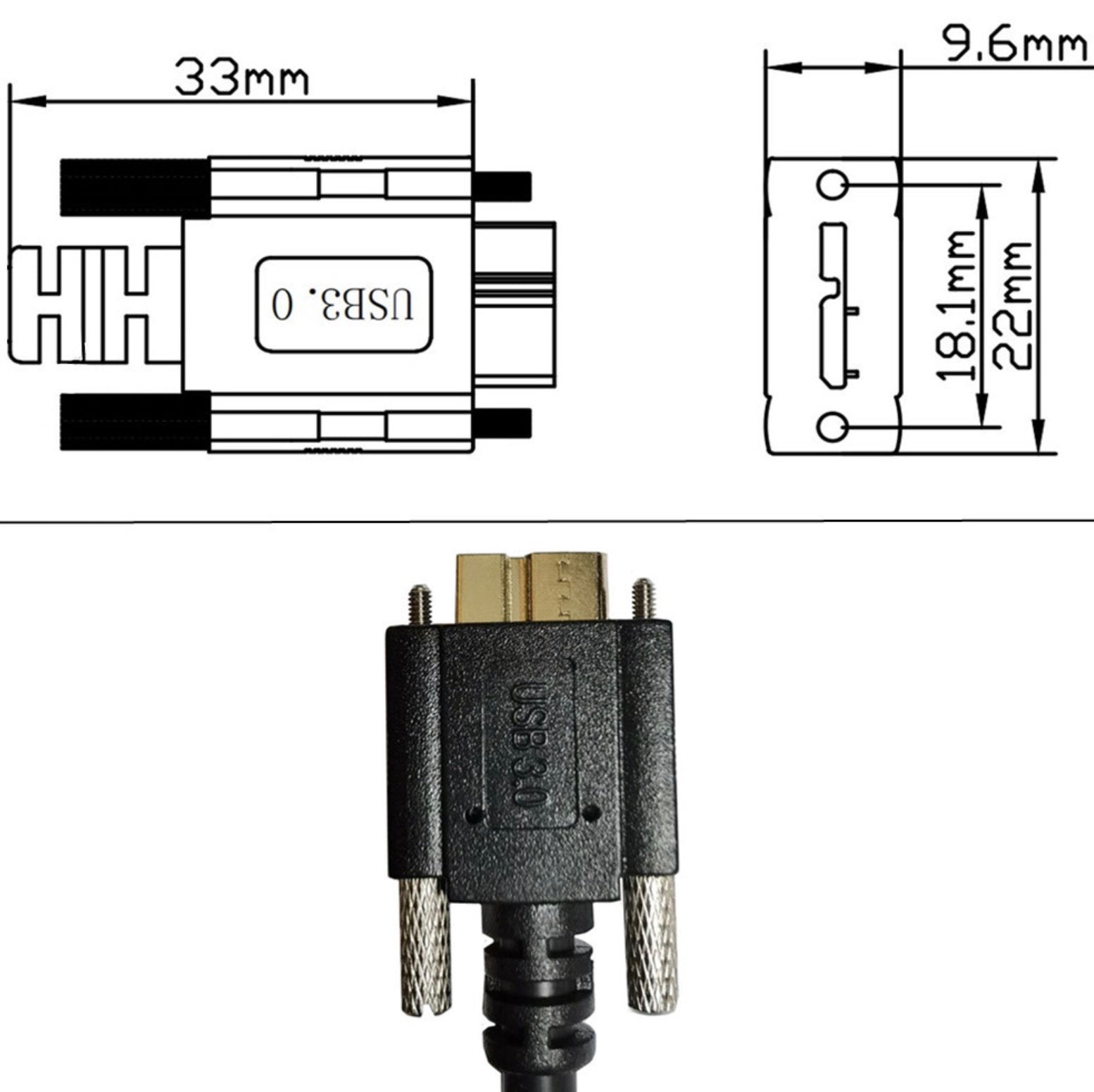 USB 3.0 A Male to Micro-B Male with Dual M3 Screw Locking Cable