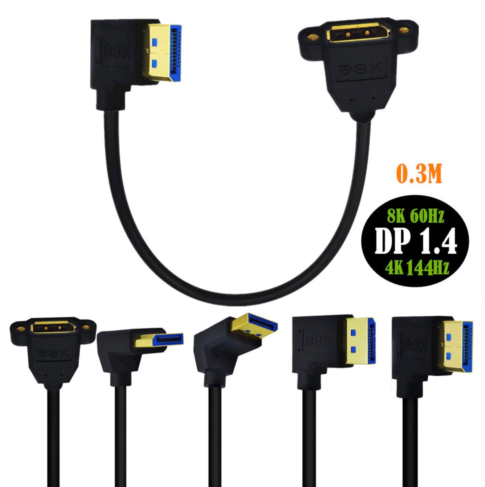 DisplayPort 1.4 8K / 60hz Angled Male to Female Panel Mount Extension Cable