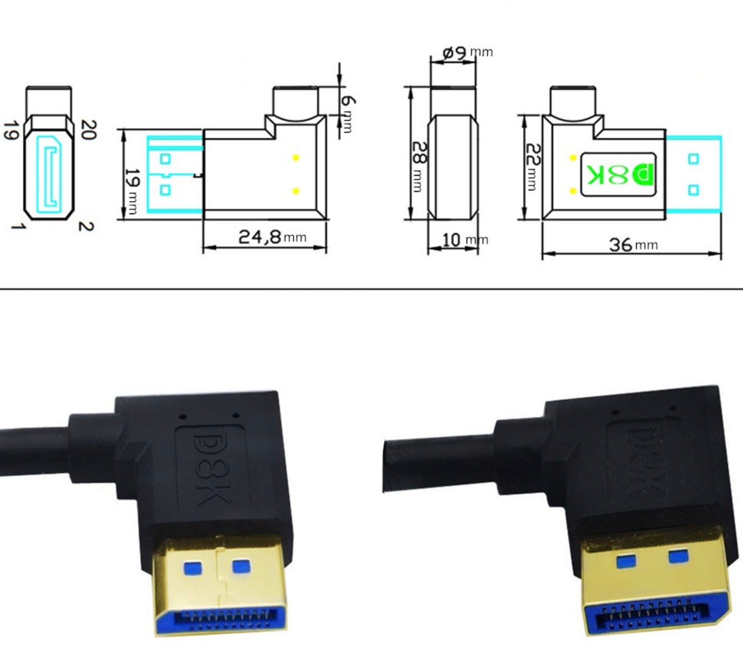 DisplayPort 1.4 8K / 60hz Angled Male to Female Panel Mount Extension Cable