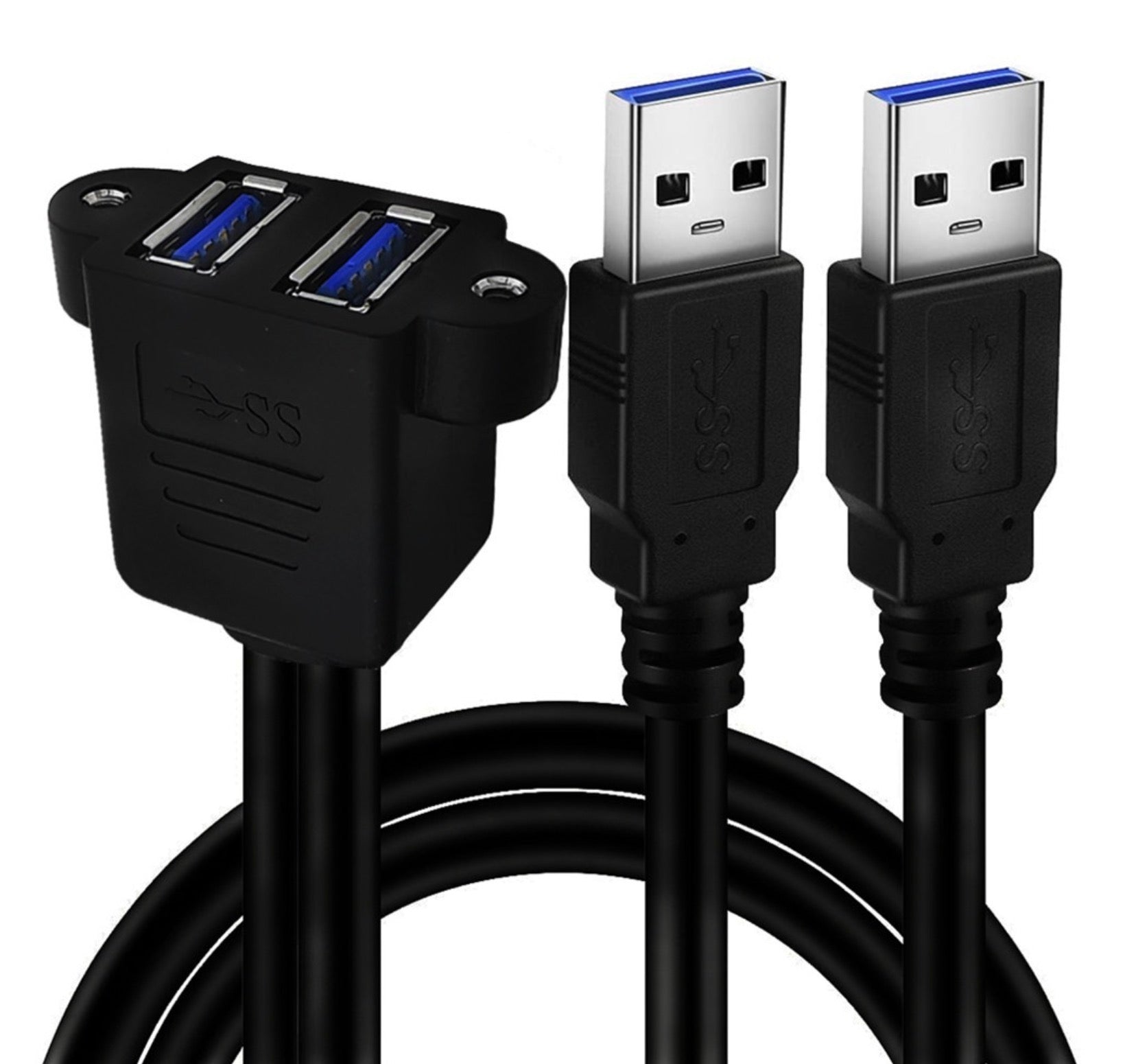 Dual USB 3.0 A Male to Dual Female Screw Panel Mount Extension Cable