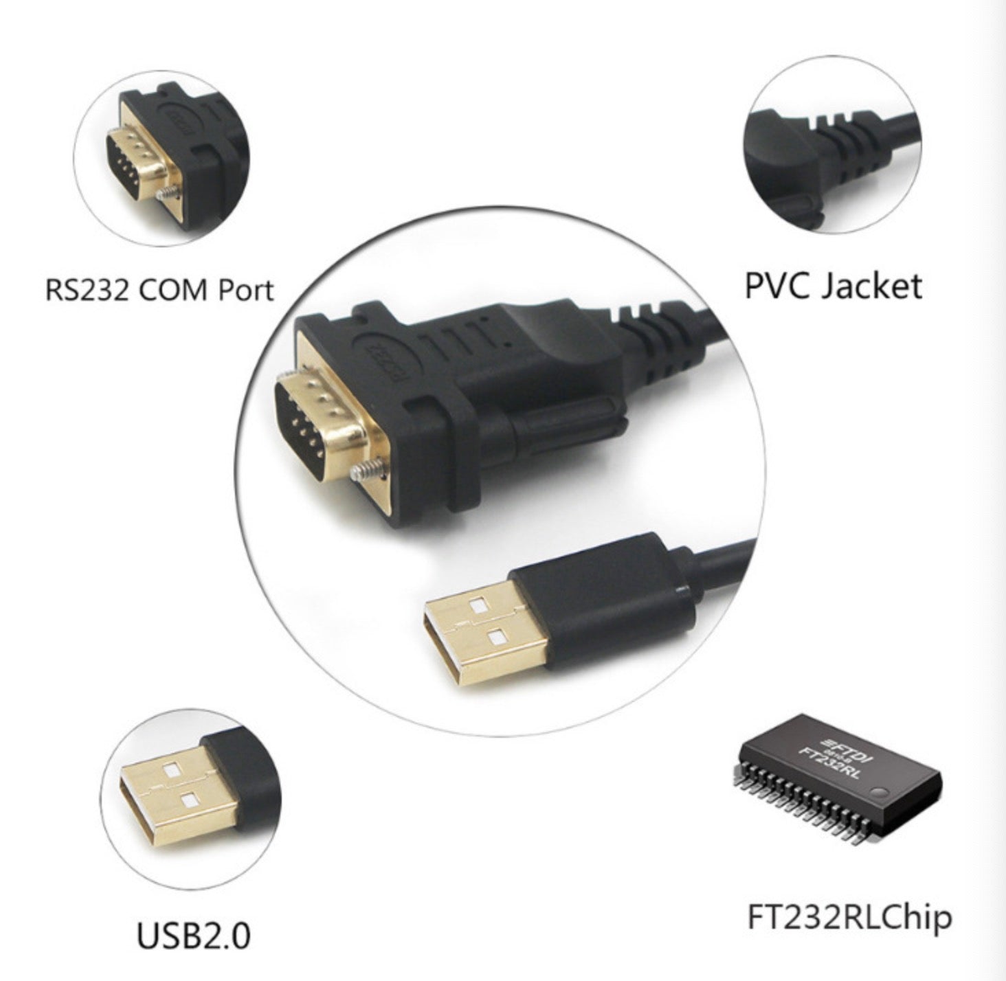 USB 2.0 A Male to DB9 RS232 Male Serial Cable with FTDL Chipset
