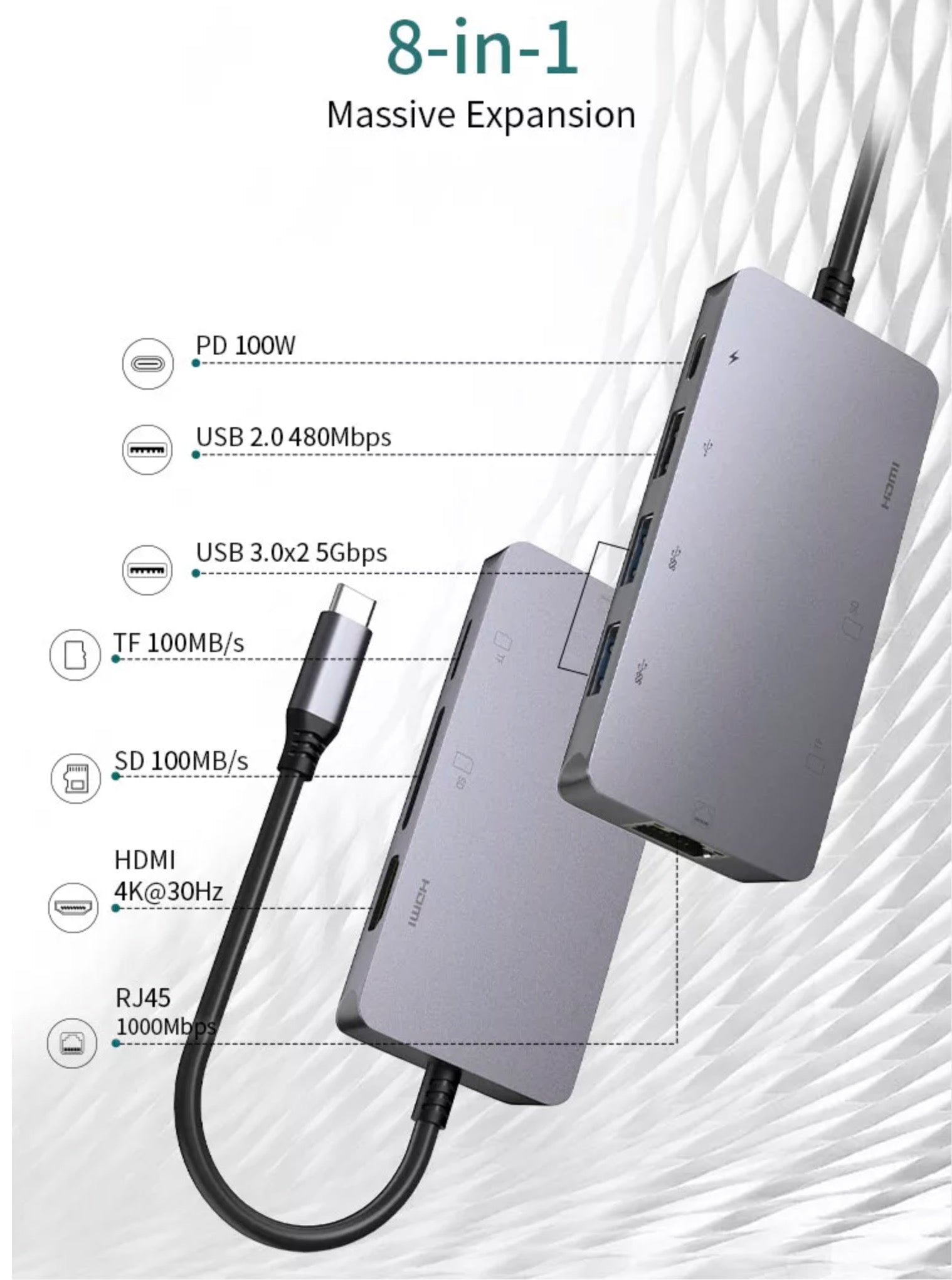8 in 1 USB-C Hub with Gigabit Ethernet 4K HDMI USB 3.0 2 USB 2.0 PD 100W SD TF Card Reader Laptop Docking Station