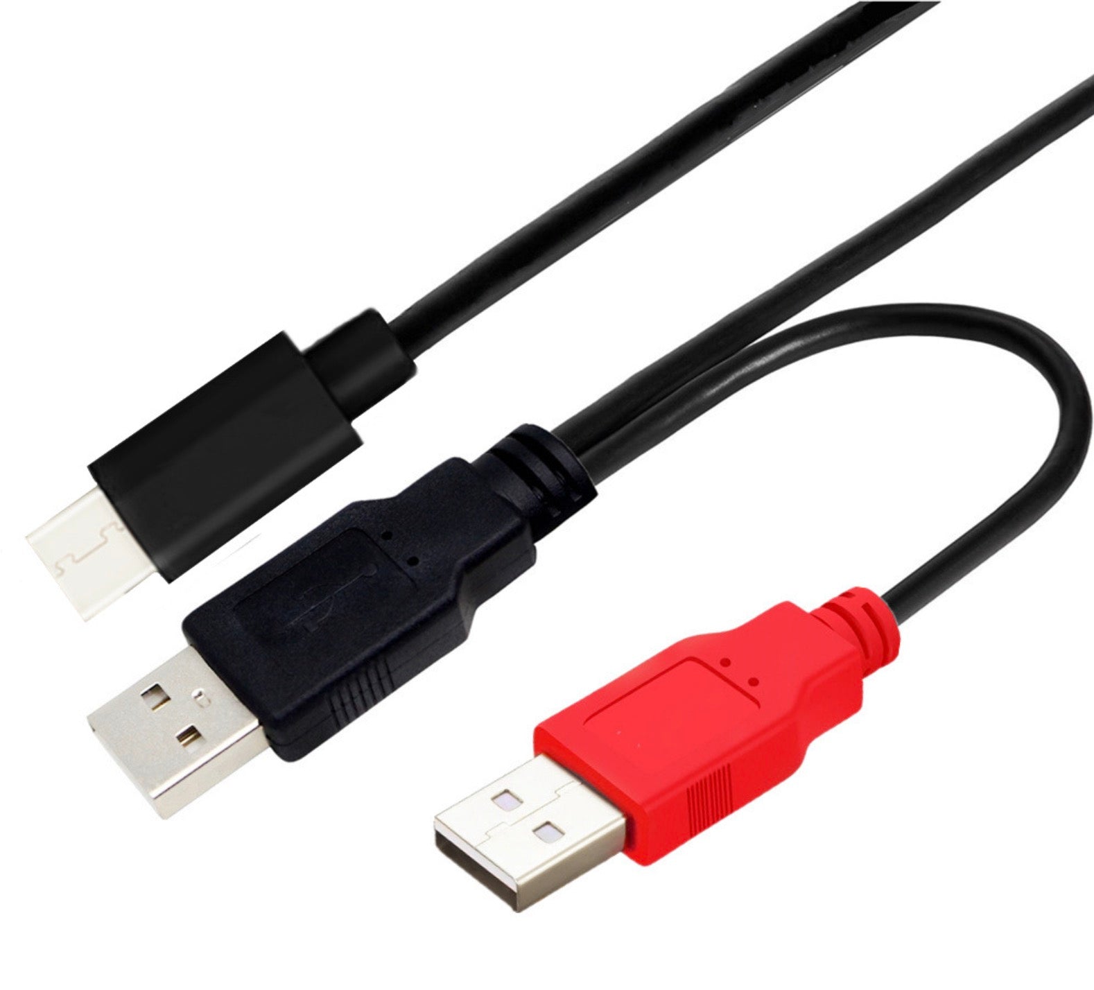 USB 2.0 A Male to USB 2.0 & USB C Male Dual Power Data Y Cable