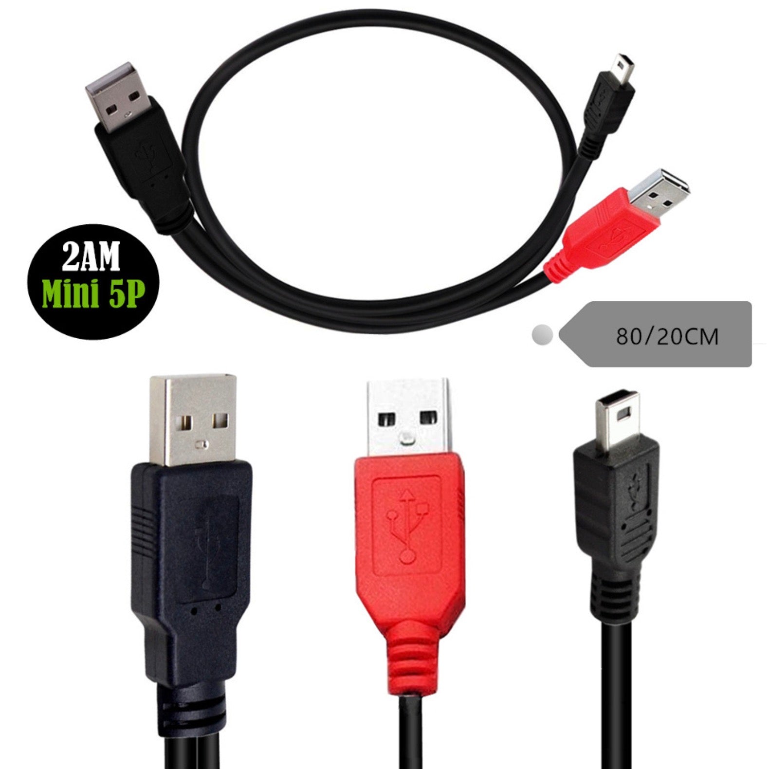 Mini B USB 2.0 Male to Dual USB 2.0 A Male Y Splitter Cable 0.8m
