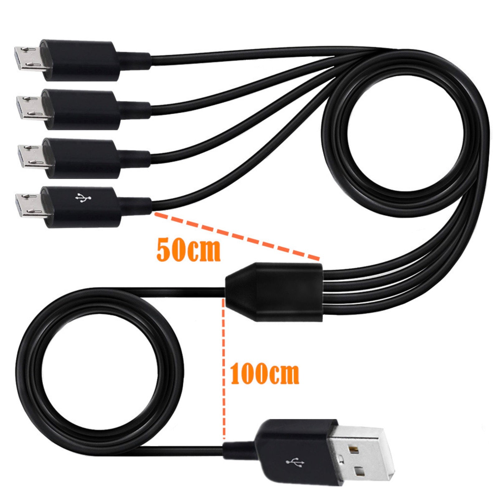 USB-A 2.0 Male to 4 x USB Micro 5 Pin Male Splitter Charging Data Cable Black