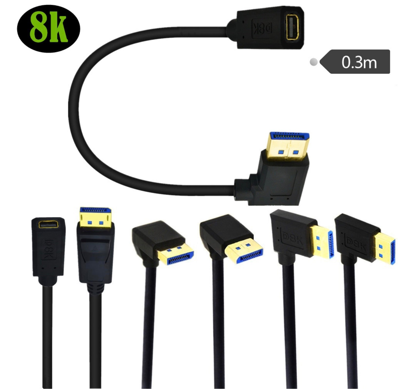 8K DisplayPort 1.4 Male to Mini DisplayPort Female Extension Cable 0.3m