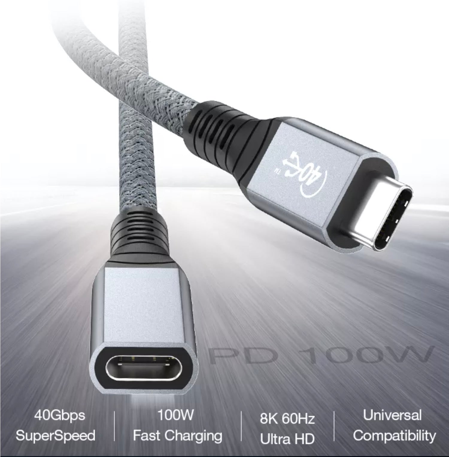 USB C Male to Female Braided USB4 100W 40Gbps Extension Cable