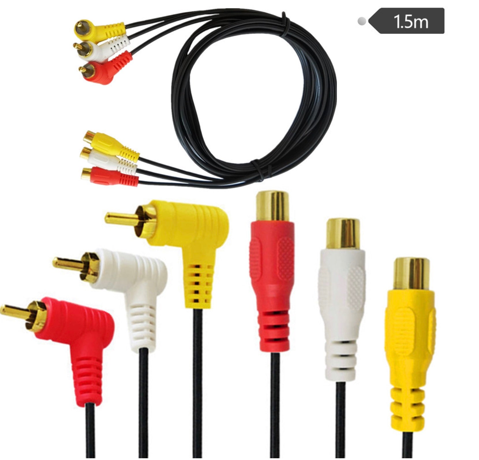 3 RCA Male to 3 RCA Female Audio Video Composite Extension Cable 1.5m