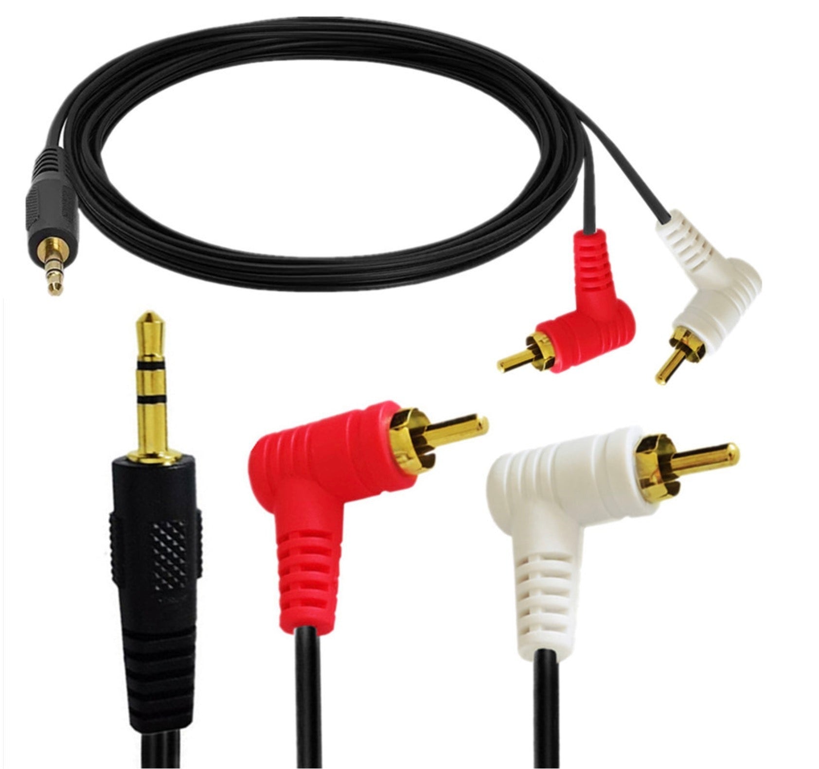 3.5mm Aux Jack Straight Male to 2 Male RCA 90 Degree Angled Audio Cable