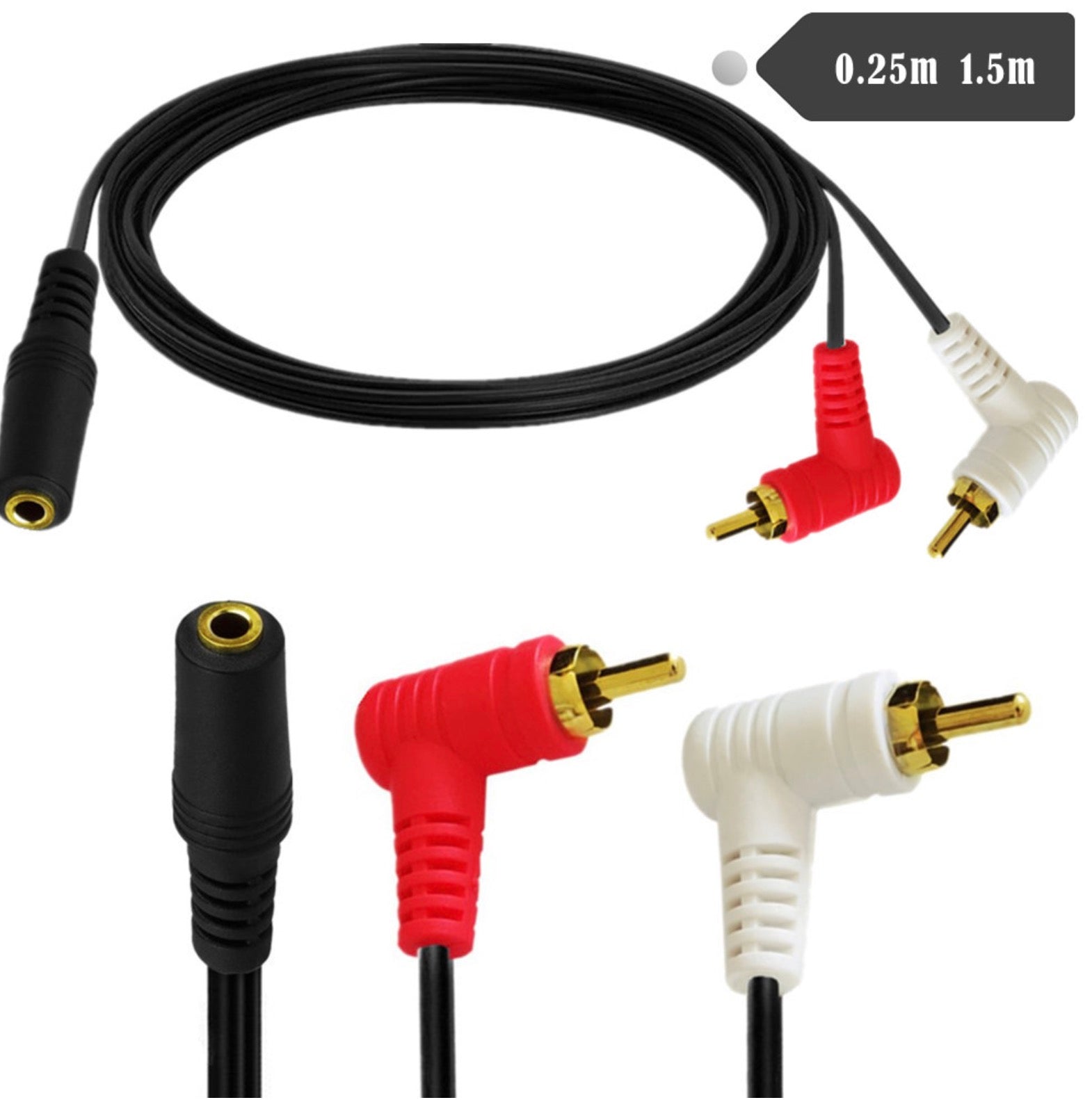 3.5mm Aux Jack Female to 2 Male RCA 90 Degree Angled Audio Splitter Cable