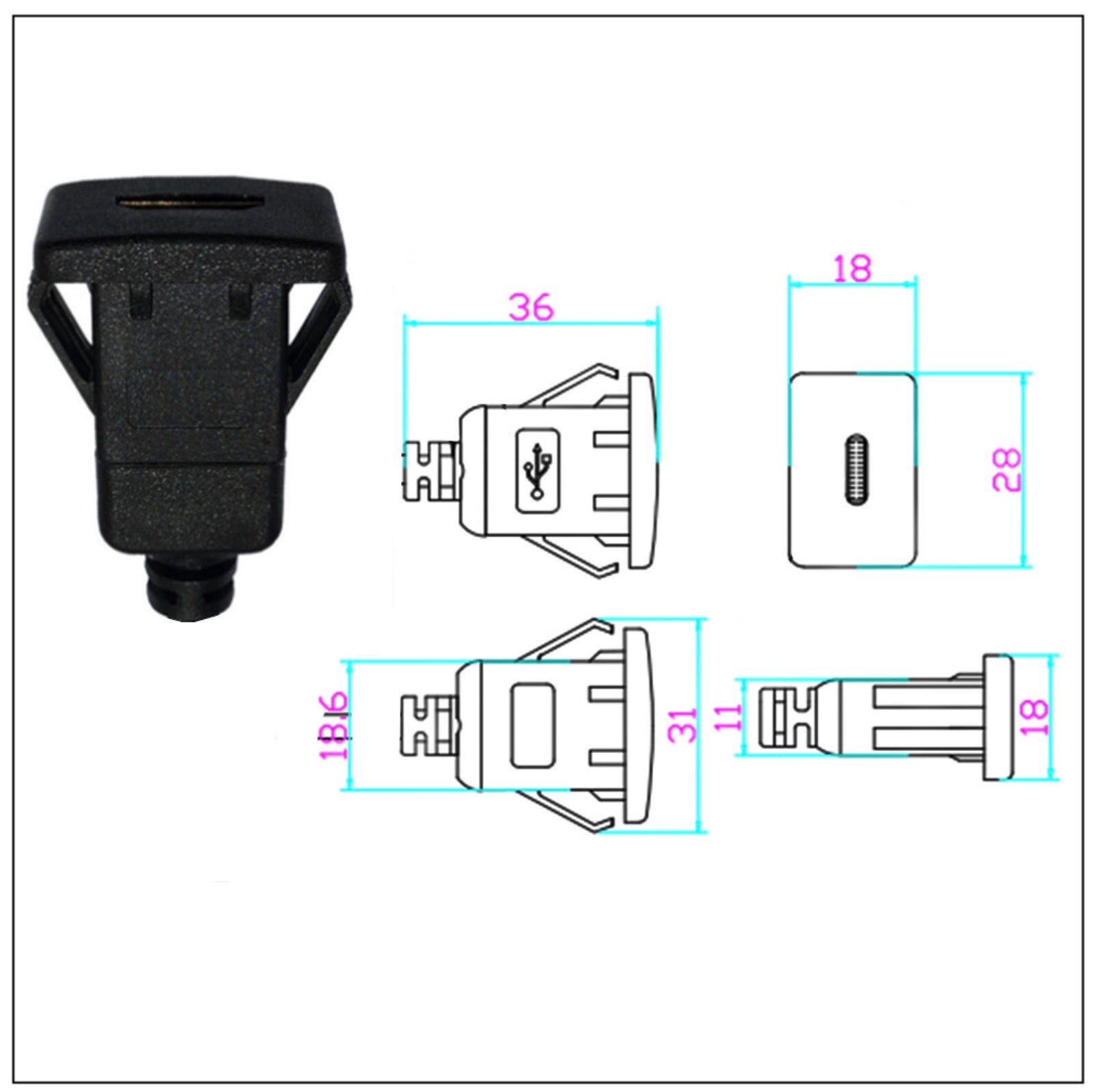 USB 2.0 Type C Male to Female Flush Panel Mount Extension Cable 480Mbps 1m
