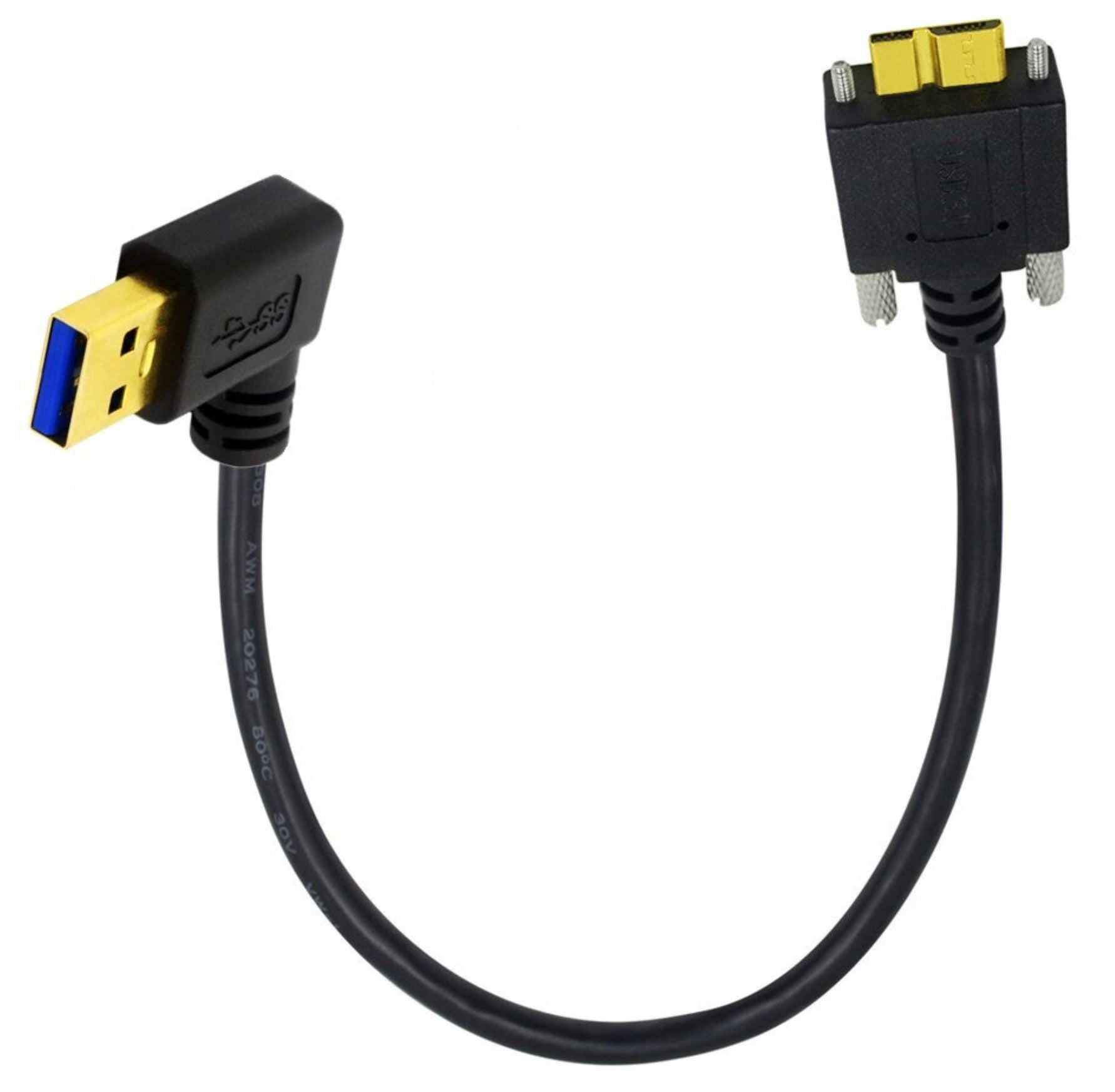 USB 3.0 Angled A Male to Micro B Male Panel Mount Screw Locking Cable  - Left Angle