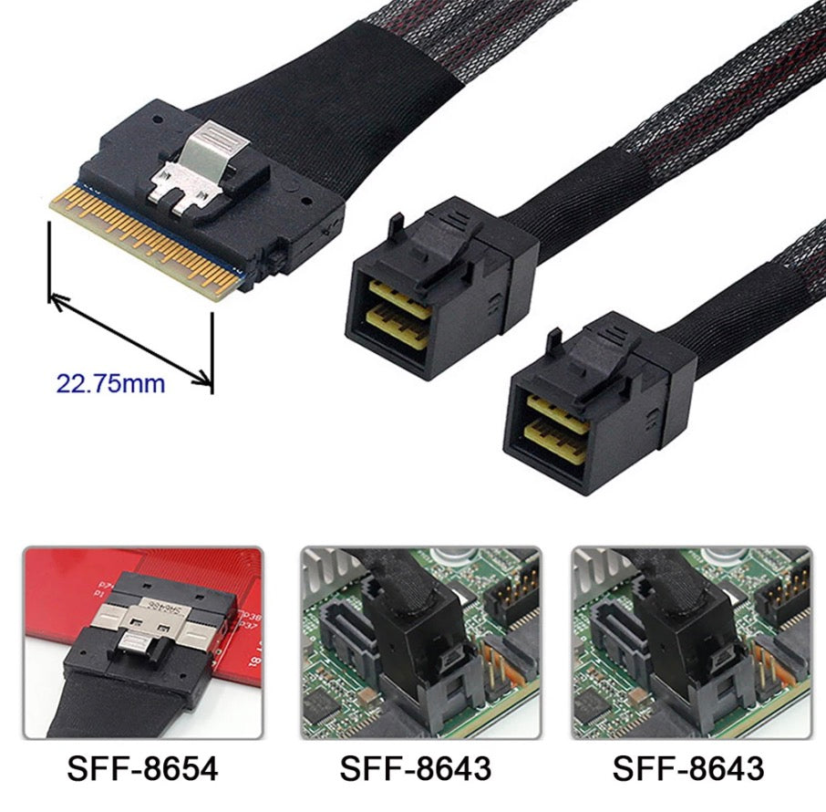 PCI-E Ultraport Slimline SAS Slim 4.0 SFF-8654 8i 74 Pin to Dual SFF-8643 4i Mini SAS HD PCI-Express Cable 0.5m