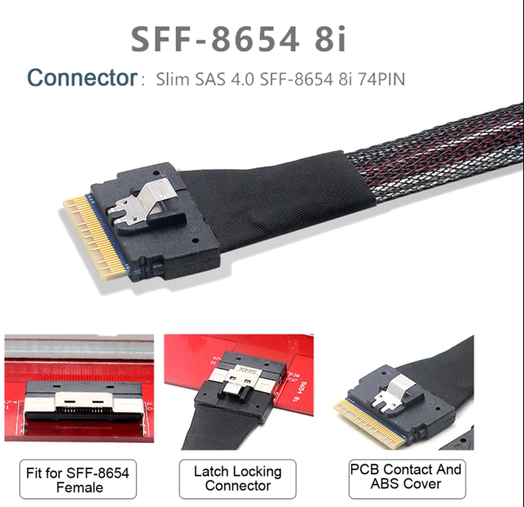 PCI-E Slimline SAS 4.0 SFF-8654 8i 74 pin Host to SFF-8654 74 Pin Slim SAS Target Cable 0.5m