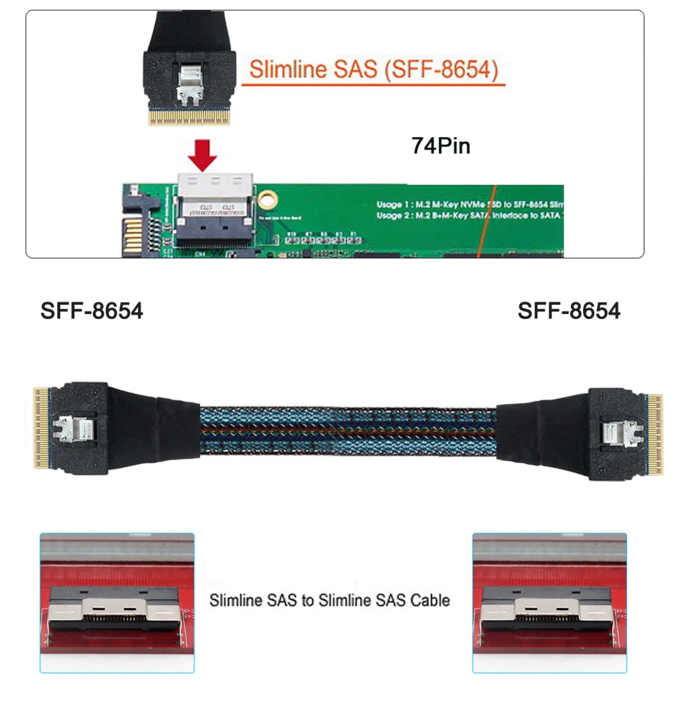 PCI-E Slimline SAS 4.0 SFF-8654 8i 74 pin Host to SFF-8654 74 Pin Slim SAS Target Cable 0.5m