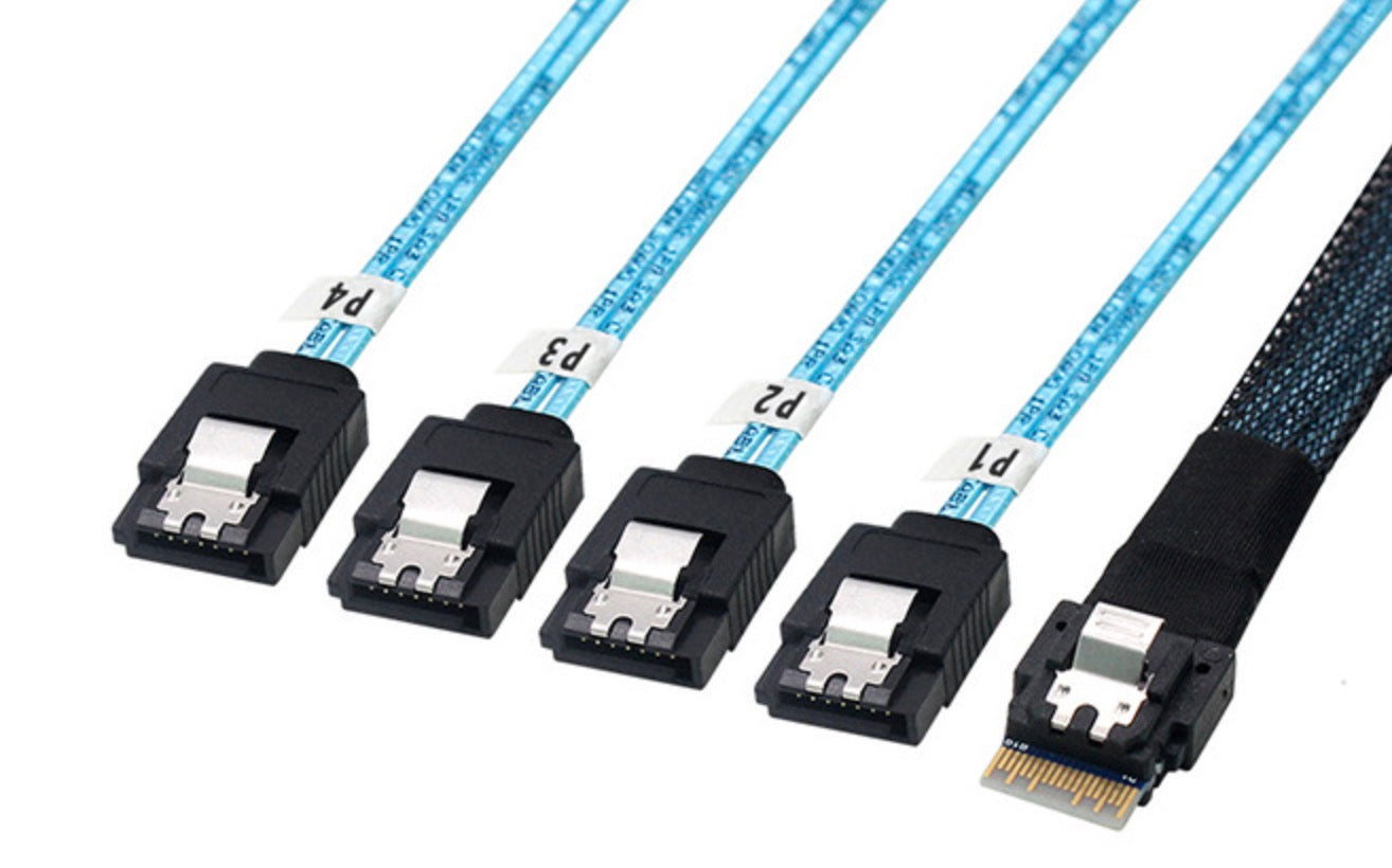 Mini SAS 4.0 SFF-8654 4i 38 Pin Host to 4 SATA 7 Pin Target Hard Disk Raid Cable 0.5m